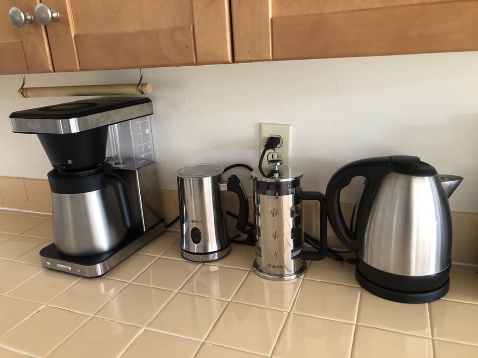 Coffee machine, milk frother, french press and electric kettle