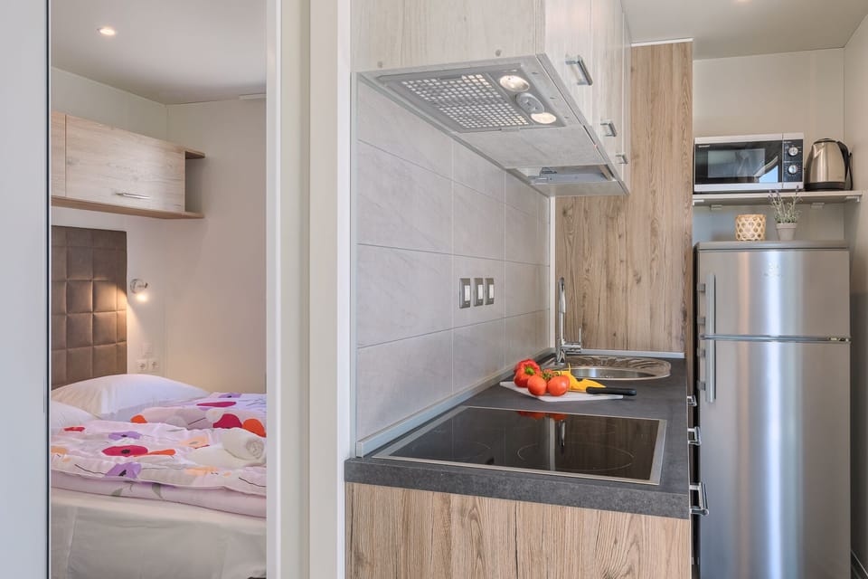 Family Mobile Home, 3 Bedrooms | Private kitchen | Fridge, stovetop, dishwasher, electric kettle