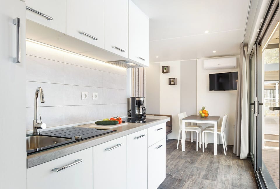 Family Mobile Home, 2 Bedrooms | Private kitchen | Fridge, stovetop, dishwasher, electric kettle