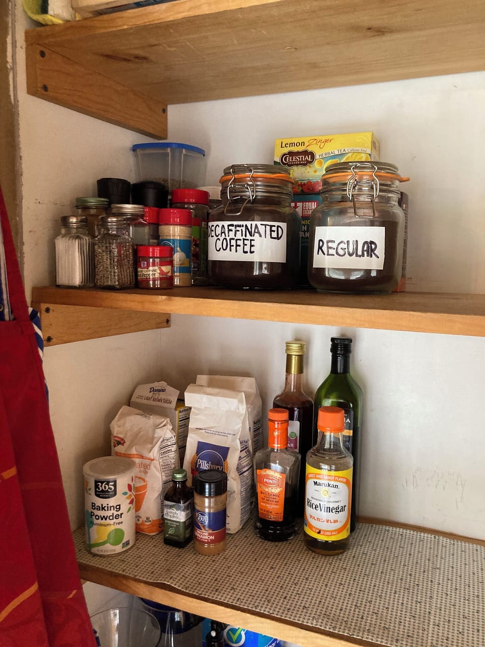 We stock the kitchen pantry: salt, pepper, spices, coffee, cooking oil, teas ...