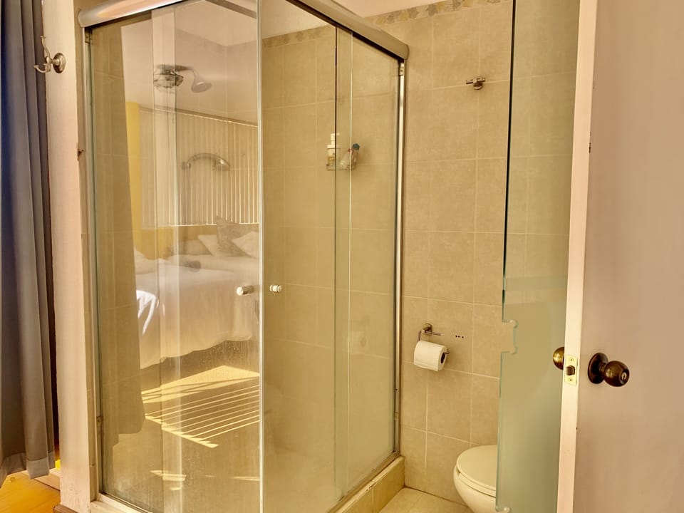 Shower, rainfall showerhead, free toiletries, hair dryer