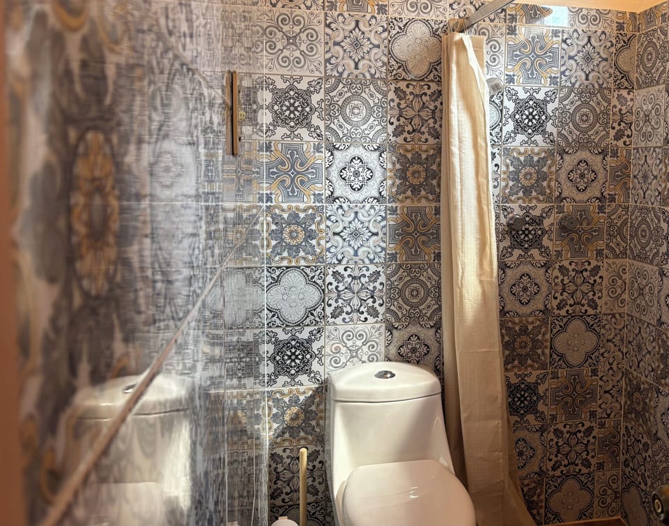 Shower, rainfall showerhead, free toiletries, hair dryer