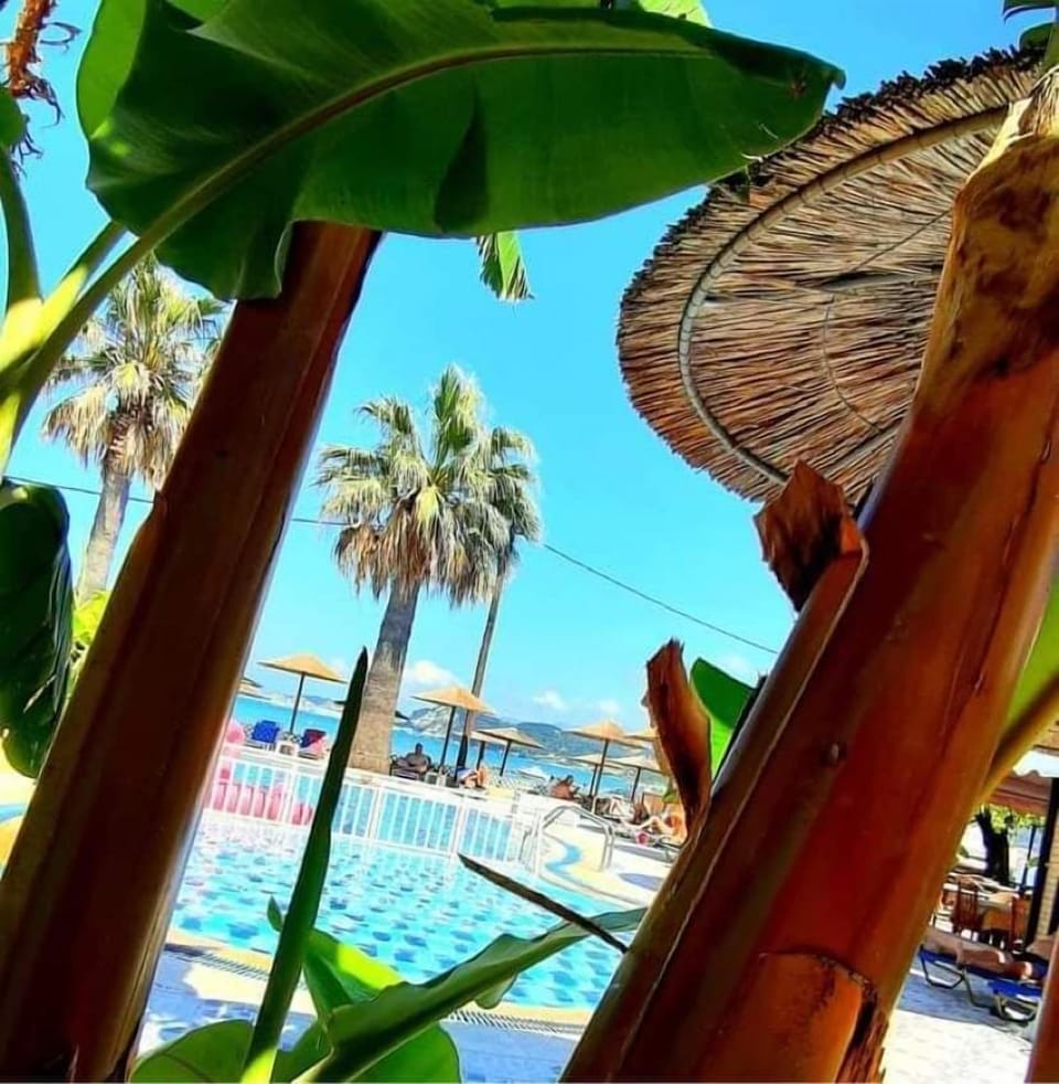 Outdoor pool, pool umbrellas, sun loungers