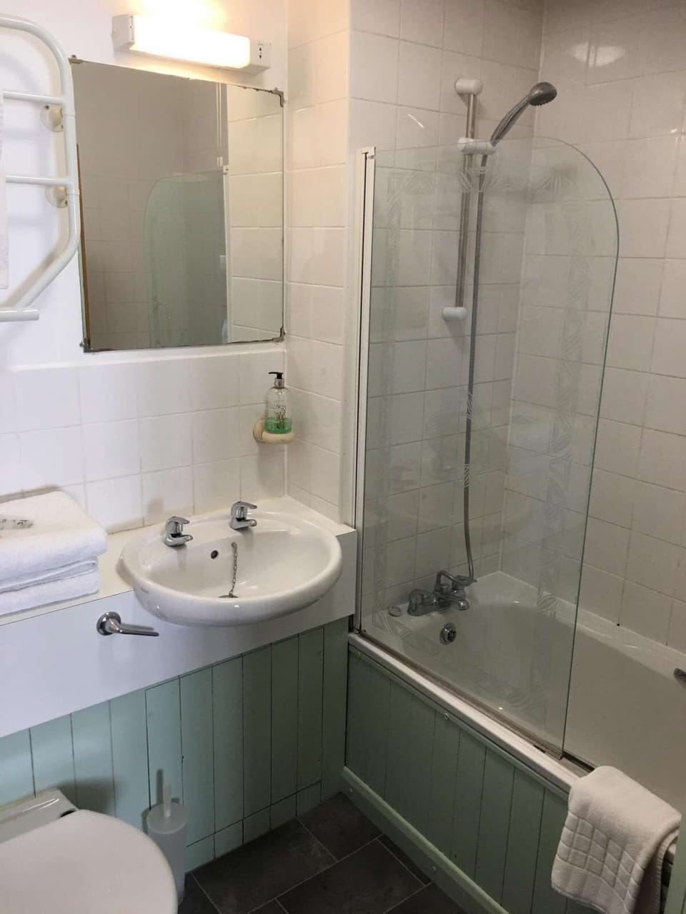 Combined shower/tub, free toiletries, hair dryer, towels