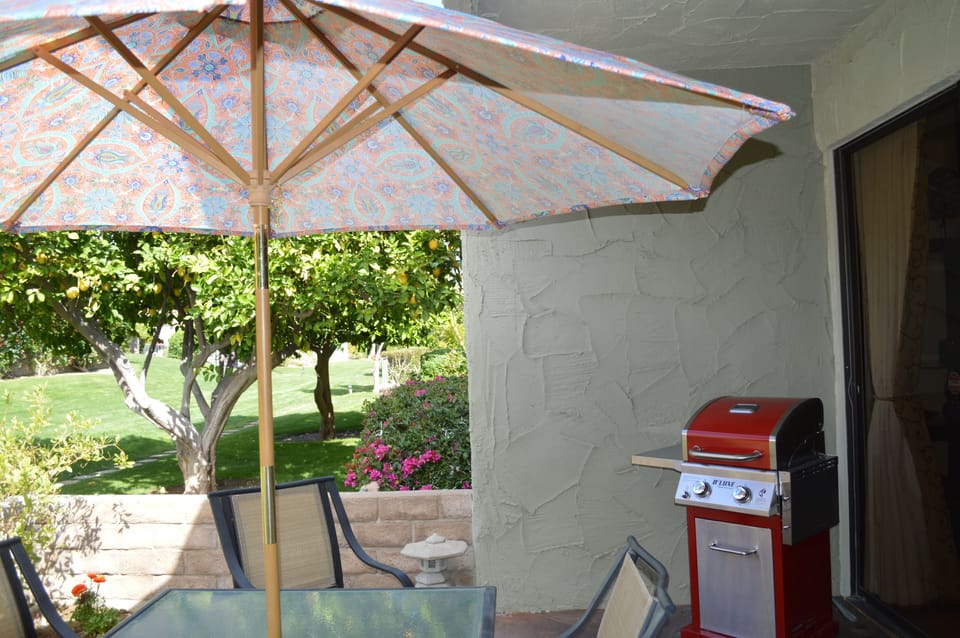 Patio w/new gas grill, table for 4 & 2 comfortable wicker chairs.
