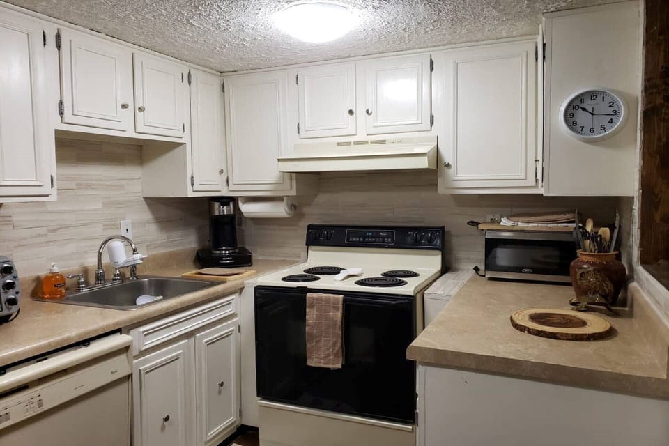 Kitchen with microwave, oven, dishwasher, and fridge.
