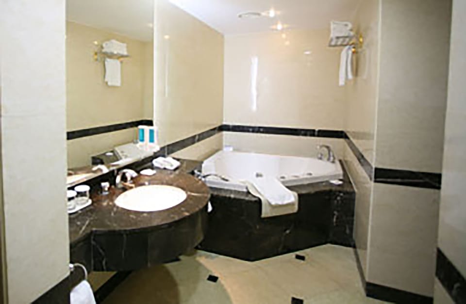 Combined shower/tub, free toiletries, hair dryer, slippers