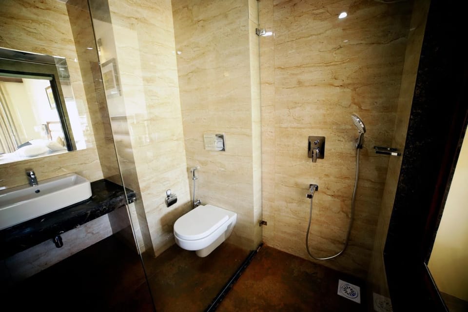 Shower, free toiletries, slippers, towels