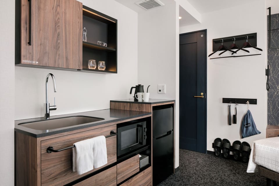 Fridge, microwave, electric kettle