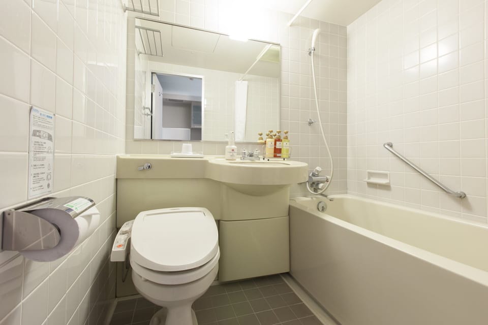 Combined shower/tub, free toiletries, hair dryer, towels