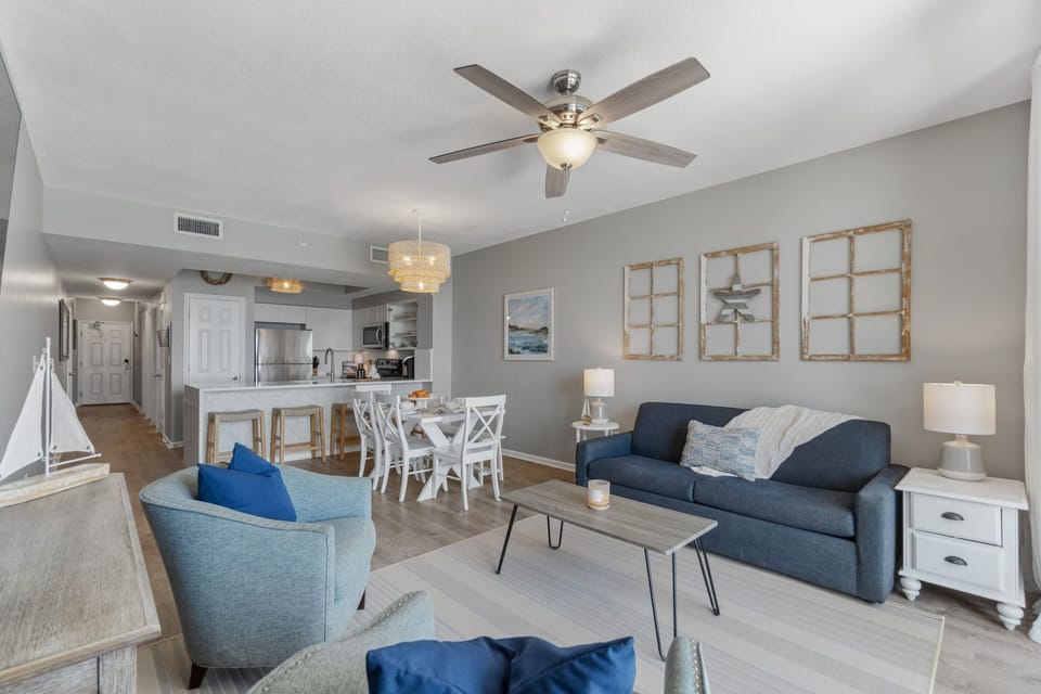 Beachfront living & dining—open layout with stunning Gulf views throughout.