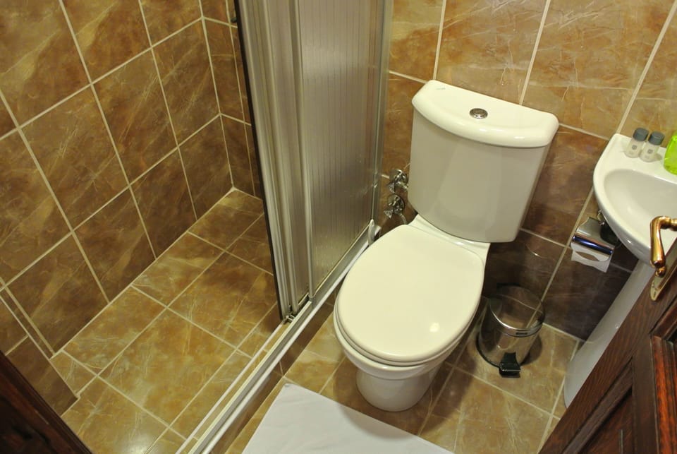 Shower, rainfall showerhead, hair dryer, towels