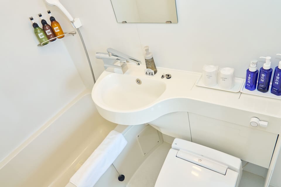 Combined shower/tub, free toiletries, hair dryer, slippers
