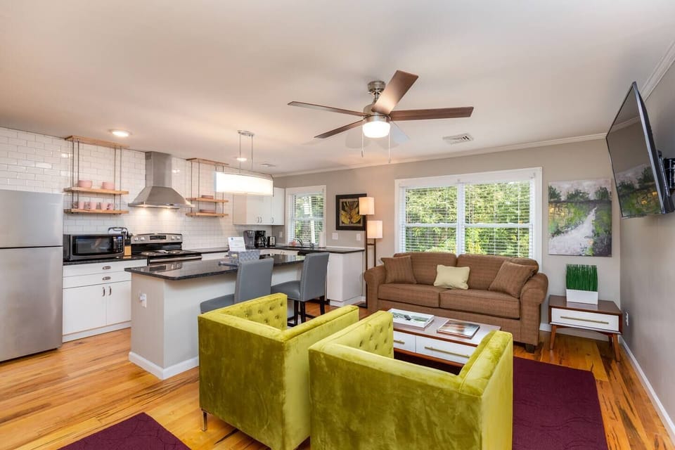 Tastefully decorated living room with SMART television