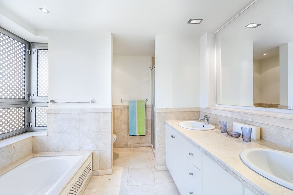 Main bathroom with bathtub and shower