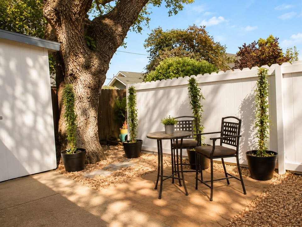 Relax on the shaded patio with a bistro table for two.