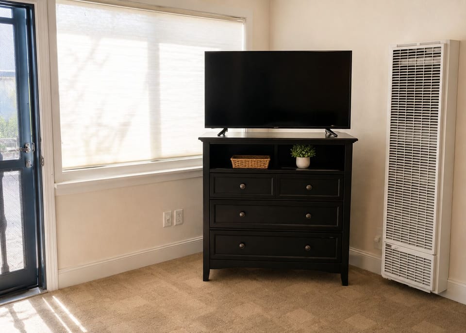 Soft window light and TV create an easy unwind space.