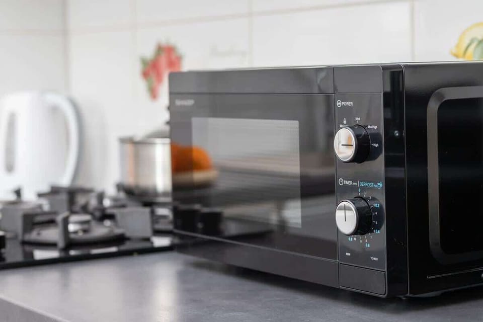 A sleek microwave and dishwasher make kitchen chores fast and easy.