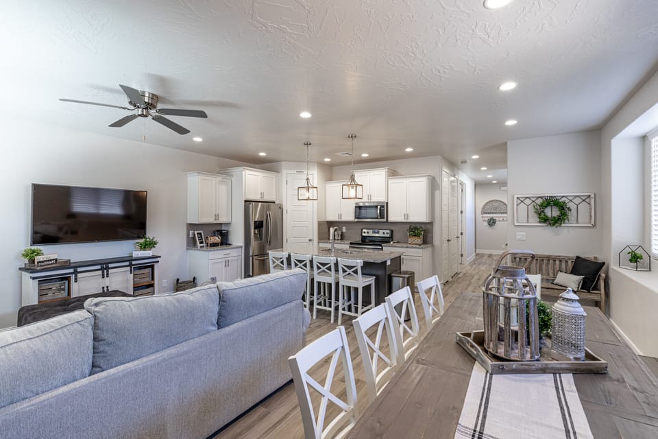Living Room View - With an open and spacious floor plan, the Dining Room and Kitchen can accommodate meal preparations for groups large or small.