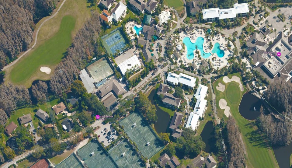 You can see our fantastic Tampa Golf & Tennis Villa location. See the purple marker of our Saddlebrook Guest House location next to the Resort Tennis Academy, Golf Pros Shop, and the Resort SPA – available for reservation with day Resort Passes.