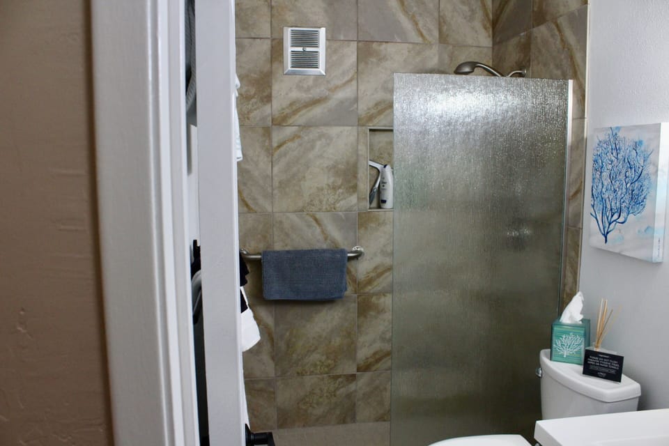 Large walk in tile shower with dual shower heads