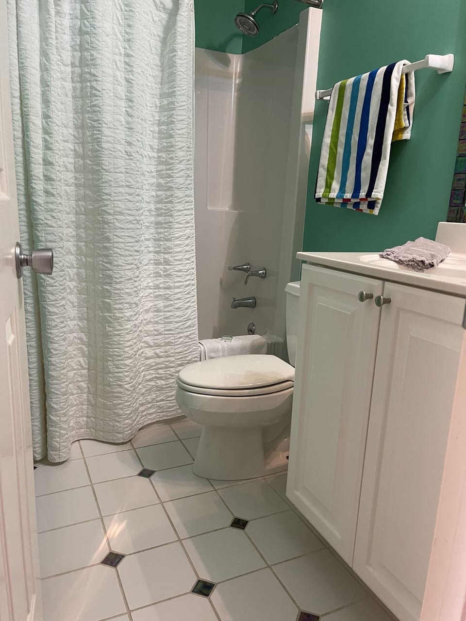 main floor hall bathroom.  shower/tub combo