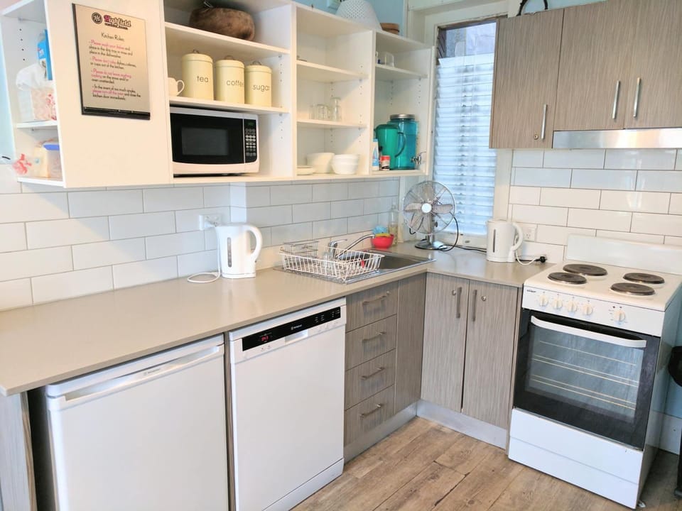 Fridge, dishwasher, cookware/dishes/utensils