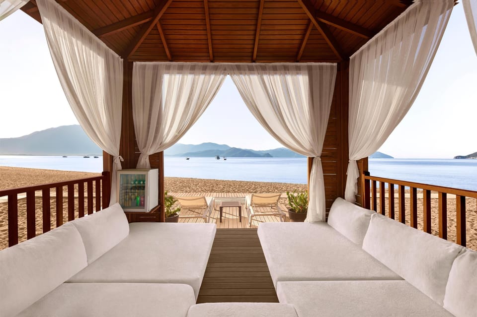 On the beach, sun loungers, beach umbrellas, beach towels
