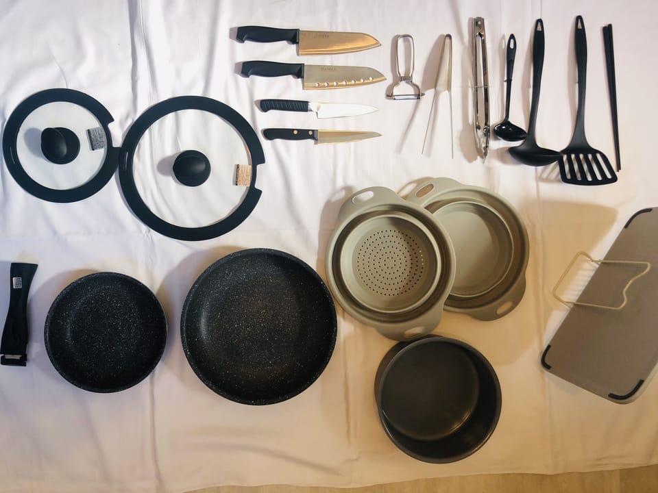 Fridge, microwave, toaster, cookware/dishes/utensils