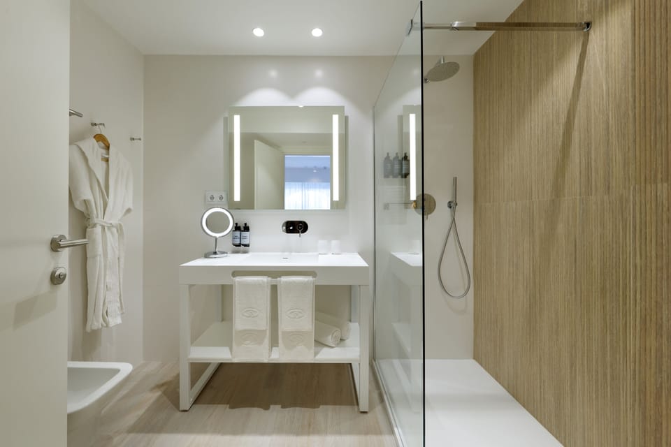 Shower, rainfall showerhead, free toiletries, hair dryer