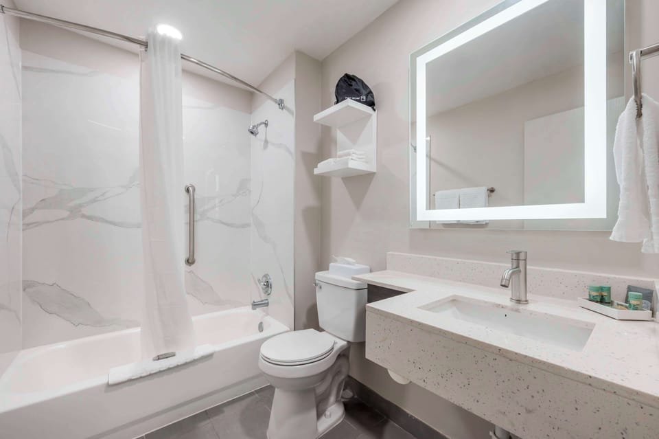 Combined shower/tub, free toiletries, hair dryer, towels
