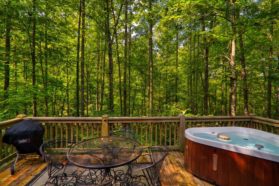 open back deck with forested view