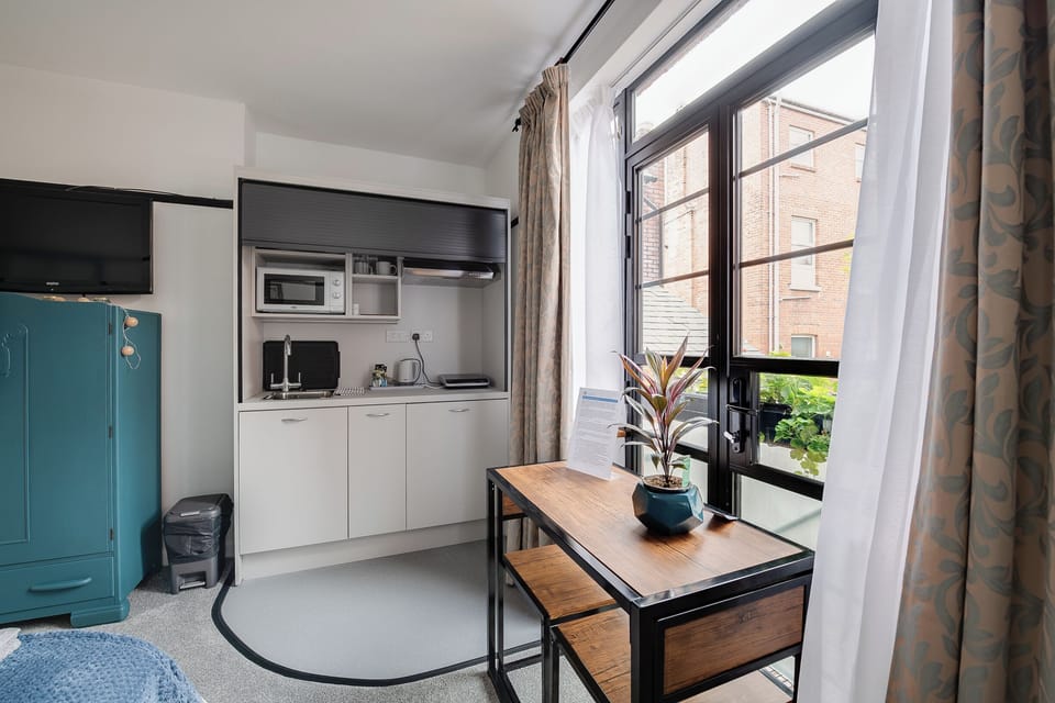 Kitchenette with fridge, sink, microwave and electric hob