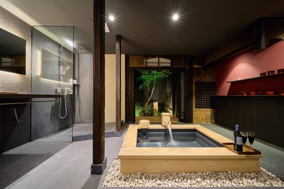 Private Japanese Machiya Suite with Open-Air Bath & Zen Garden - SHU | Bathroom | Separate tub and shower, rainfall showerhead, free toiletries