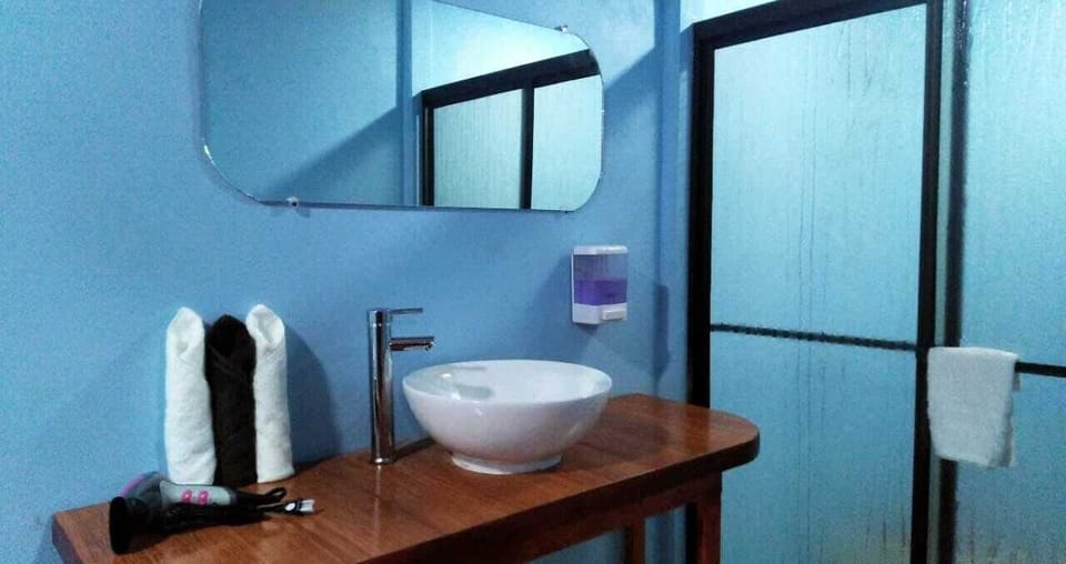 Shower, free toiletries, towels, soap