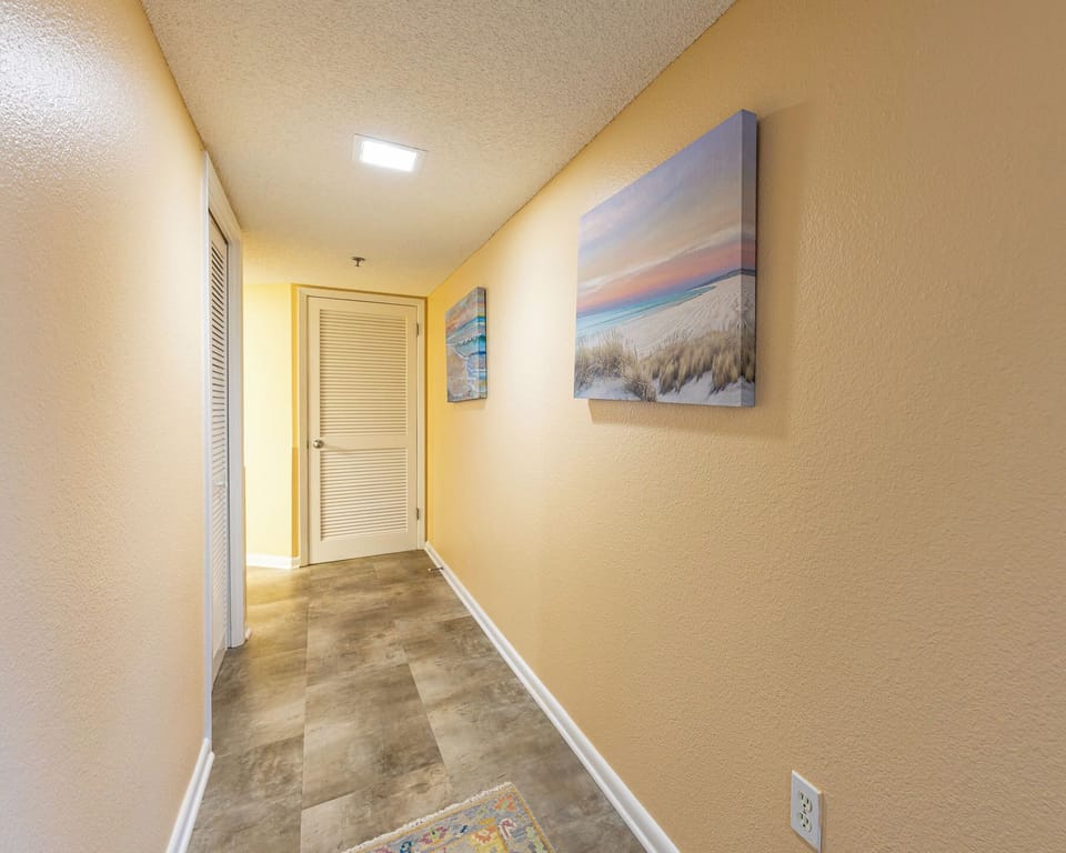 Welcoming hallway features soft beige walls, a decorative area rug, and a view of the entrance door with natural light
