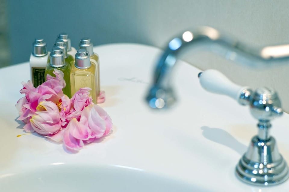 Hair dryer, towels, shampoo