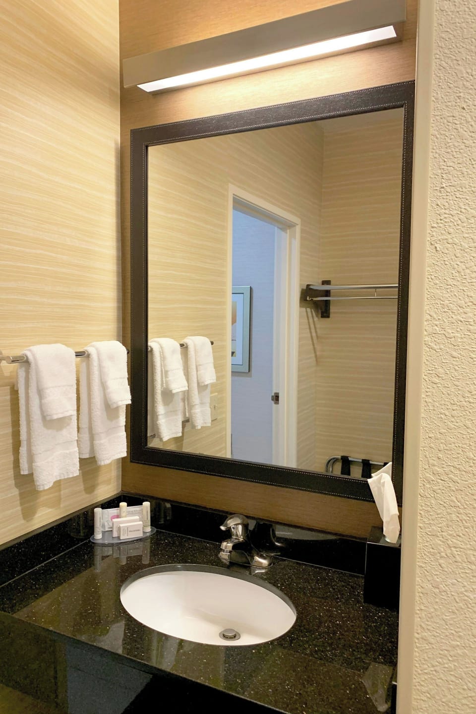 Combined shower/tub, free toiletries, hair dryer, towels