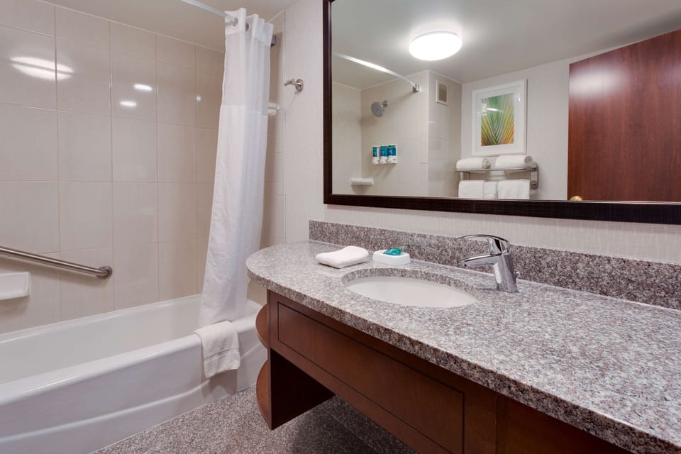 Combined shower/tub, free toiletries, hair dryer, towels