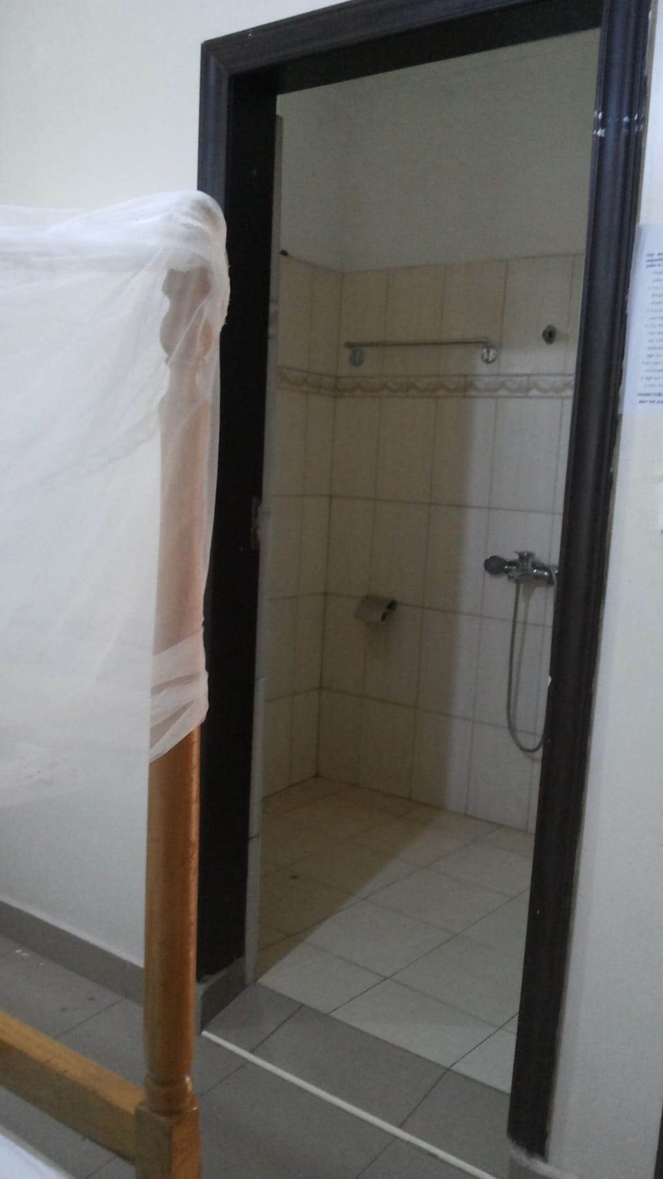 Shower, slippers, towels, soap