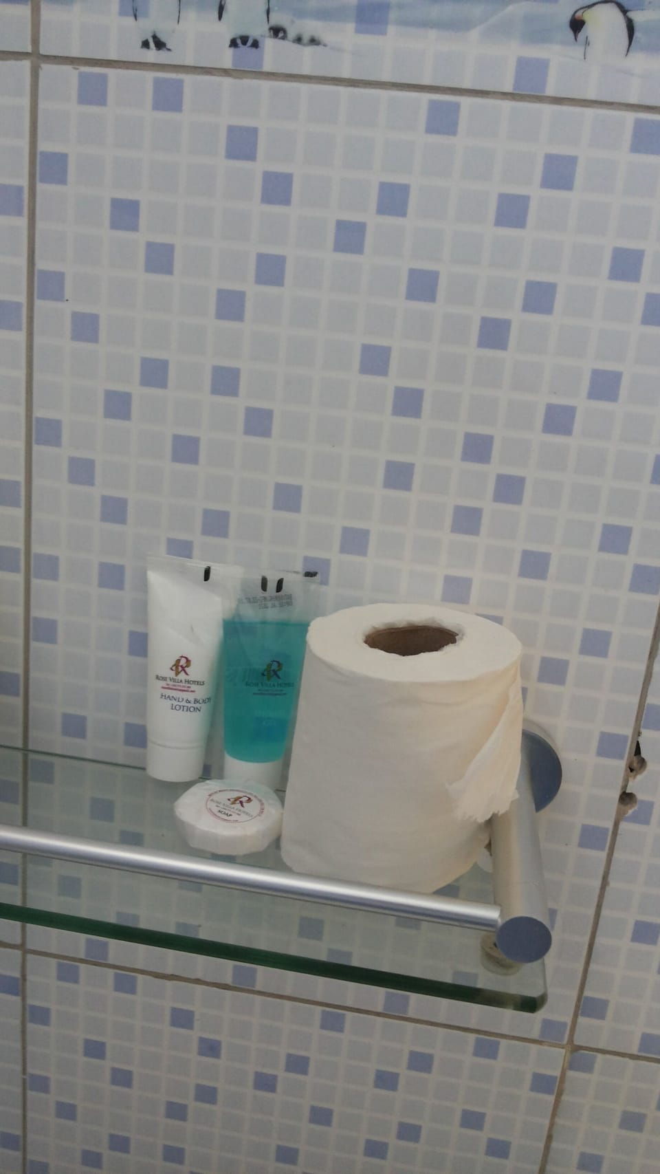Shower, slippers, towels, soap