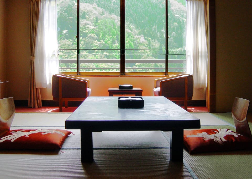 Japanese style tatami room with bath | View from room