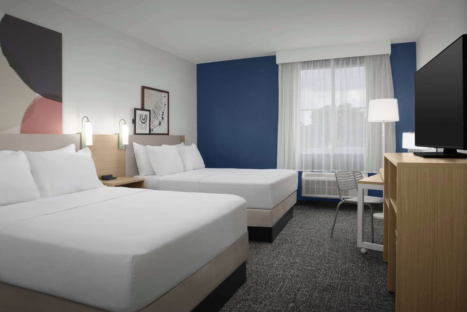 Room, 2 Queen Beds | Desk, laptop workspace, blackout drapes, iron/ironing board