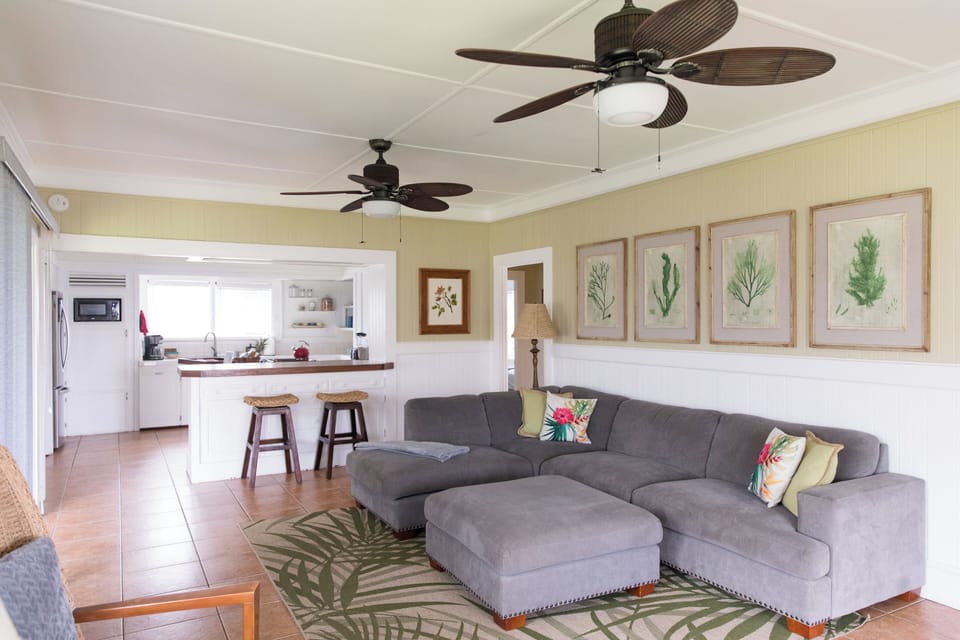 Living room, bar and kitchen