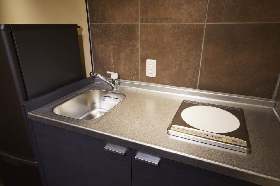 Fridge, microwave, stovetop, electric kettle