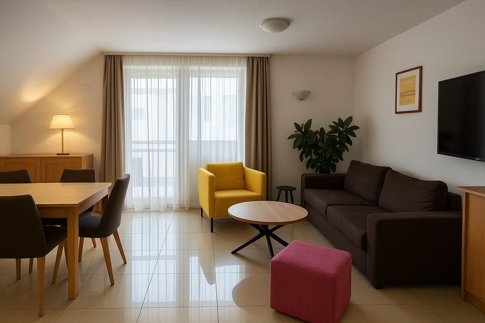 Deluxe Studio (Apartma z 1 spalnico, balkonom pogled) | Living area | Flat-screen TV