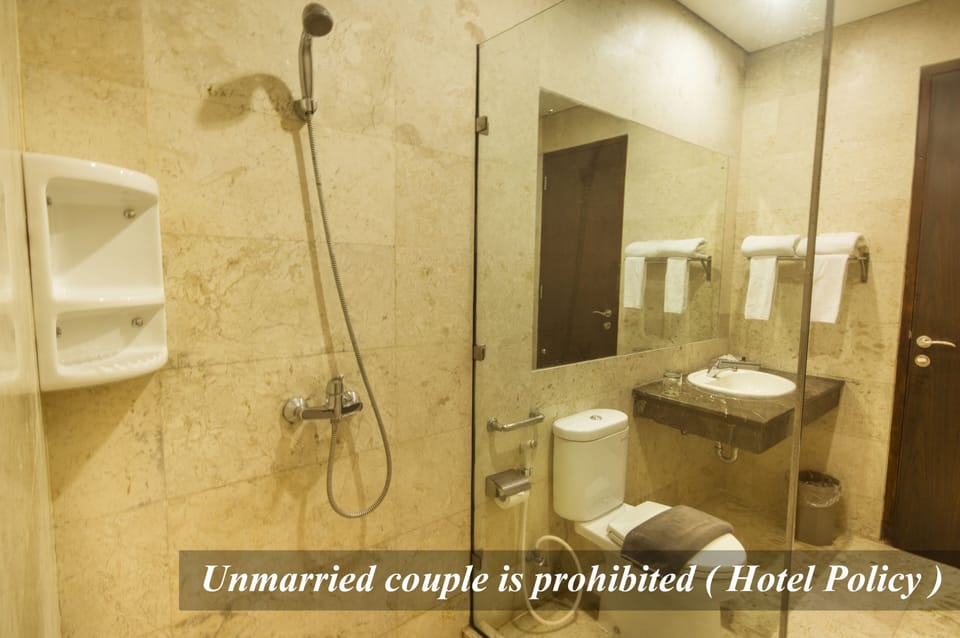 Shower, rainfall showerhead, hair dryer, slippers