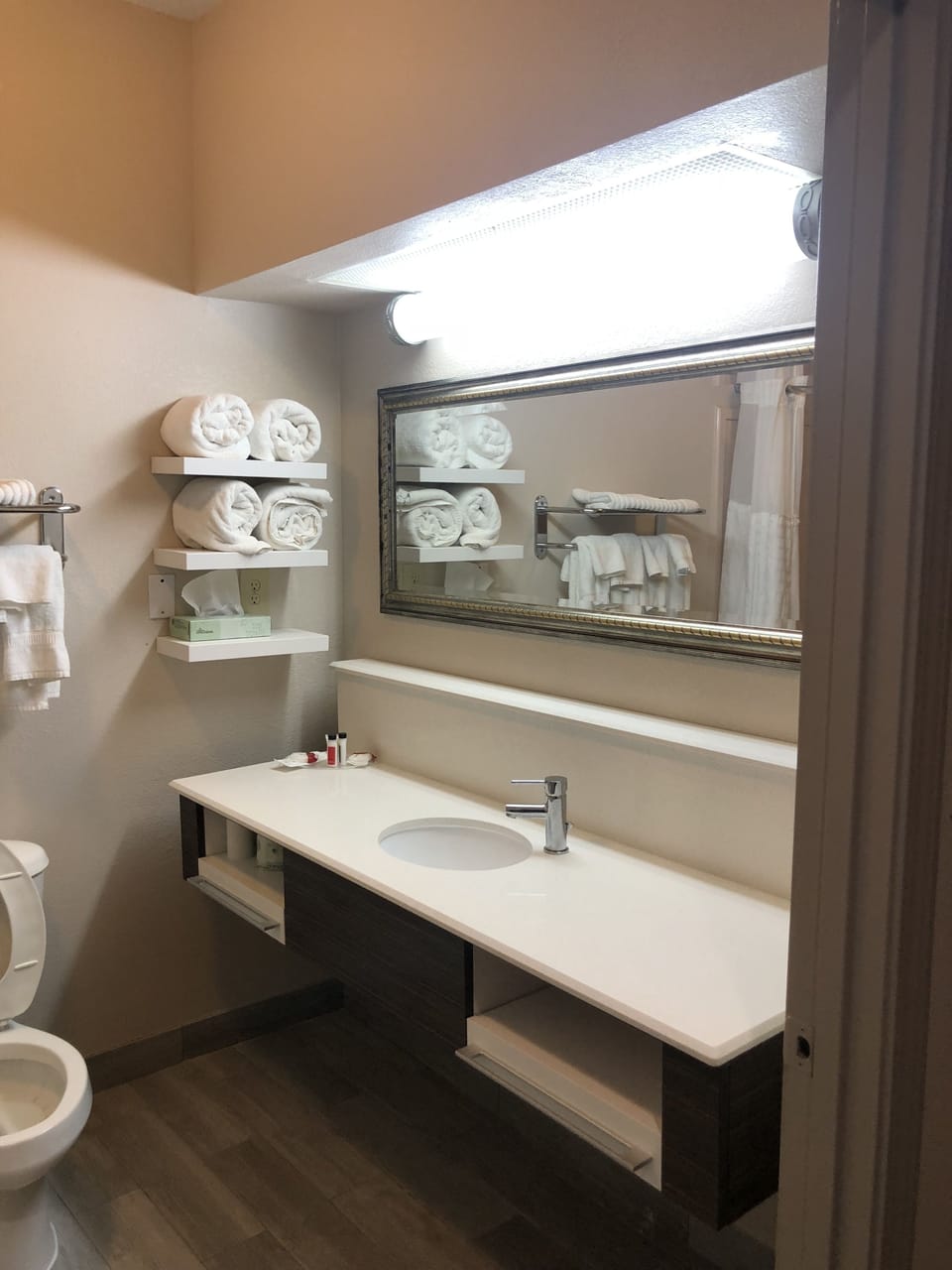 Combined shower/tub, free toiletries, hair dryer, towels