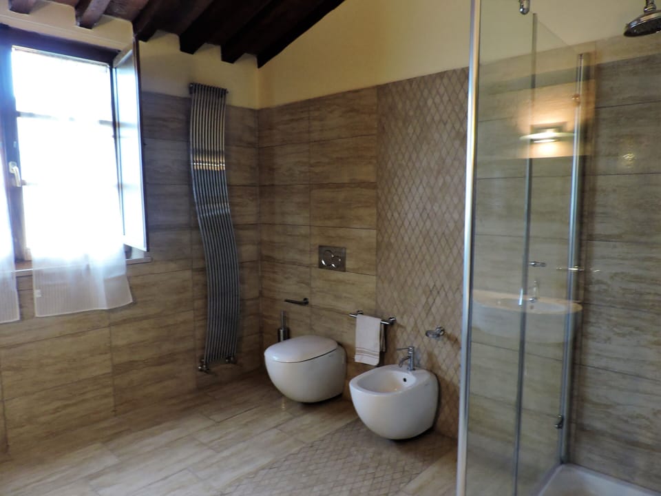 Shower, bidet, towels, soap