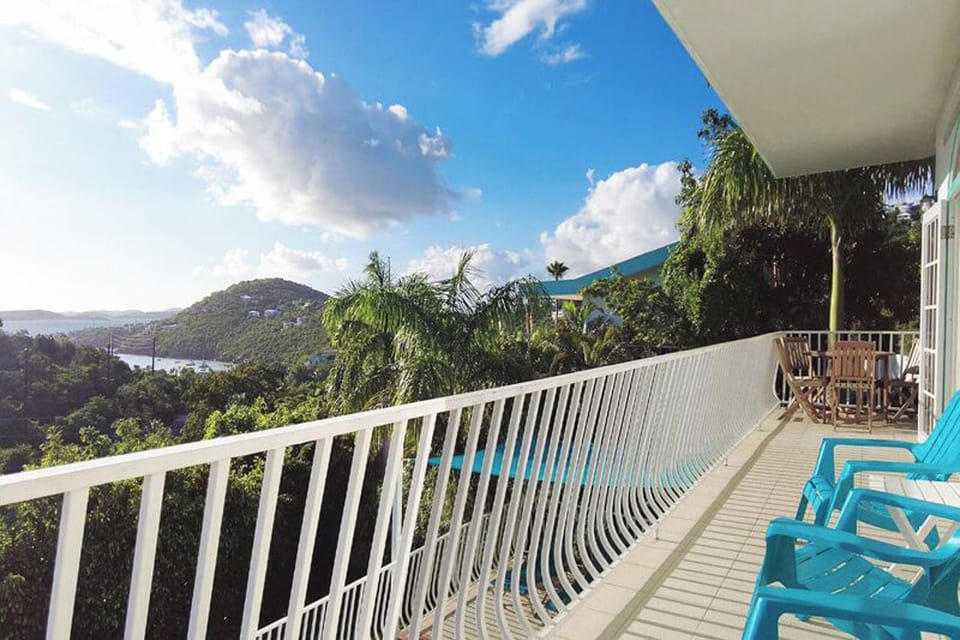 Your upper deck, located off the great room, looks out over your pool and Great Cruz Bay